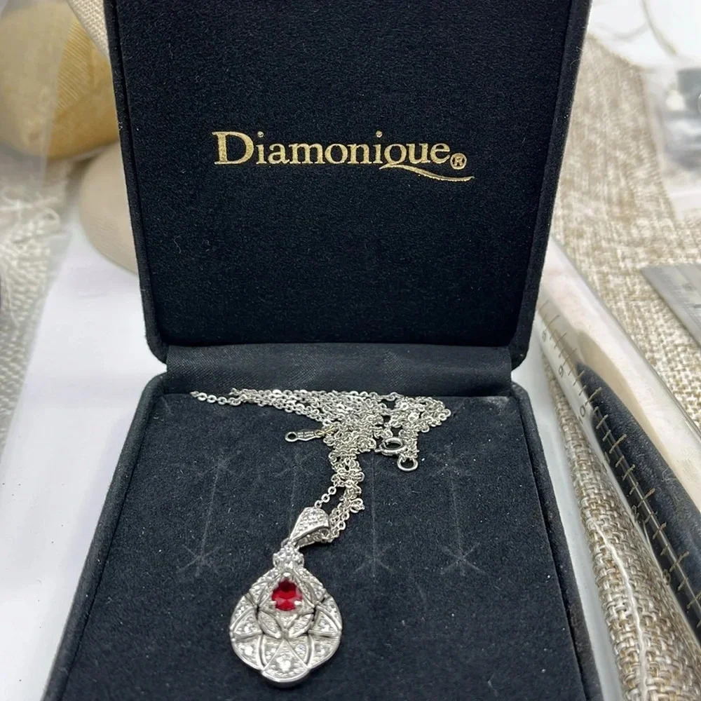 Vintage QVC Diamonique Garnet Necklace - Sterling Silver 925 - Picture 10 of 17